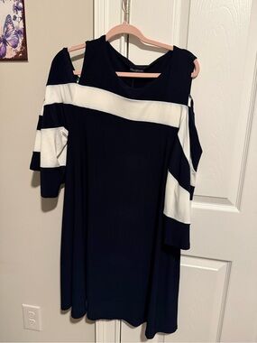 Nina Leonard Navy and White Cold-Shoulder A-Line Dress
